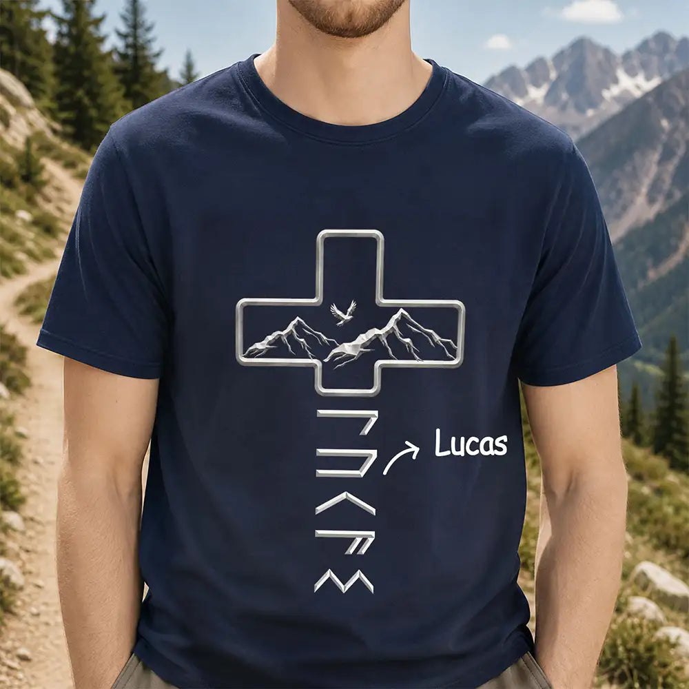 Christian,Gift For Men,Gift For Father,Gift For Husband,Gift For Boyfriend,Gift For Yourself,Gift For Grandpa,Gift For Brothers,Non-Eng,Icon,Confident - Faithful Cross And Name In Viking Runes - Personalized T Shirt