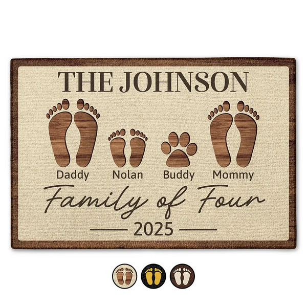 Family,Gift For Couples,Happy - Family Of Four Footprints Kids And Pets Custom Names - Personalized Doormat