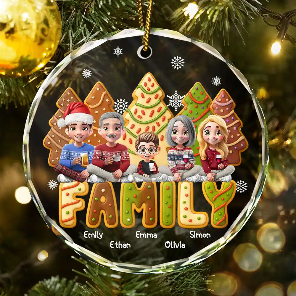 Family Sitting Cake Cookie Tree - Personalized Circle Glass Ornament