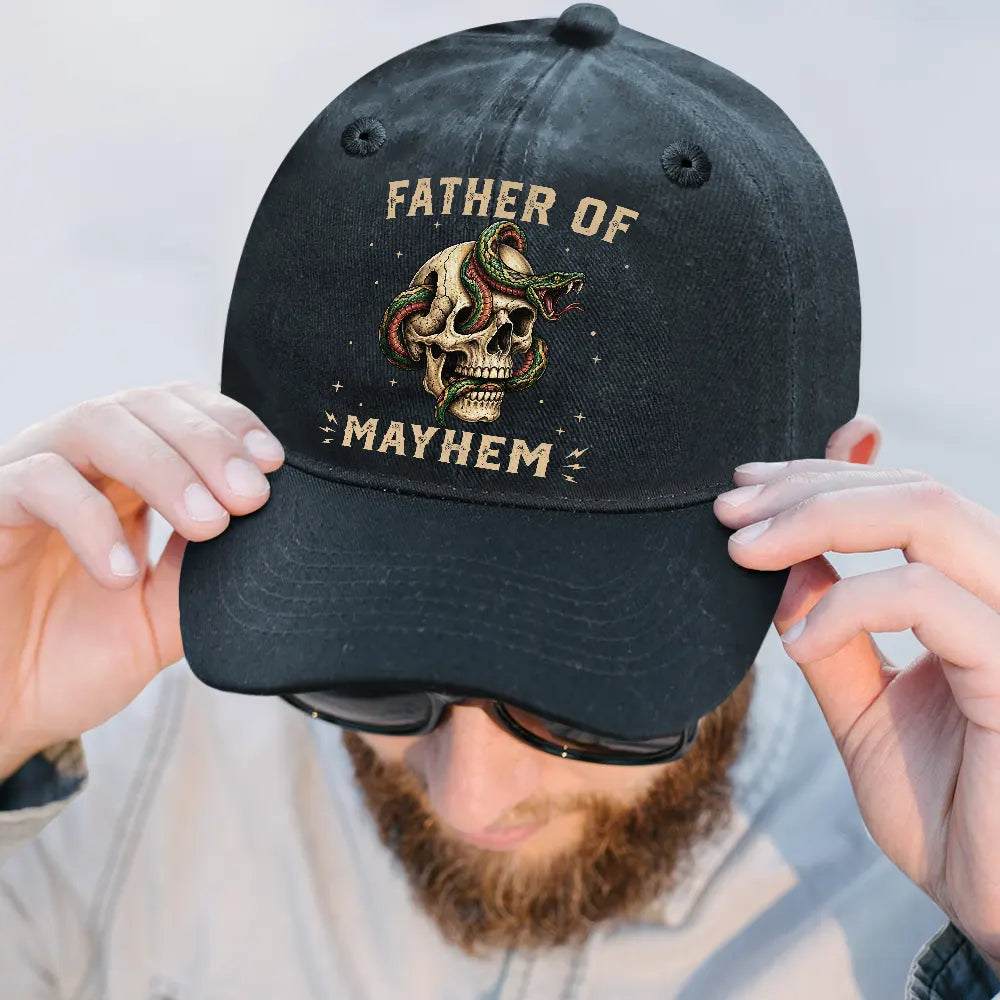 Gift For Father,Gift For Mother,Top Market,Non-Eng,Icon,Proud - Father Of Mayhem - Personalized Vintage Washed Denim Cap