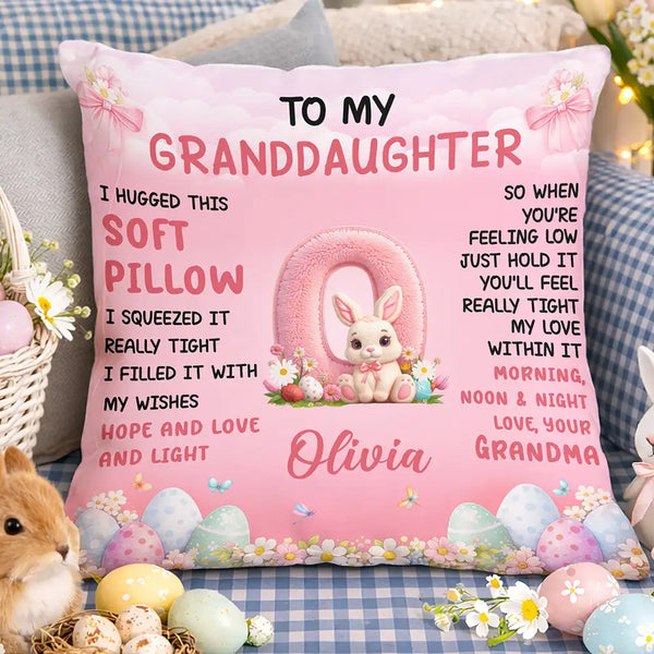 Easter,Gift For Kids,Gift For Grandkids,Grandma - Grandkids,Grandpa - Grandkids,Happy - Faux Embroidered Bunny Hugging Initial Letter - Personalized Pillow