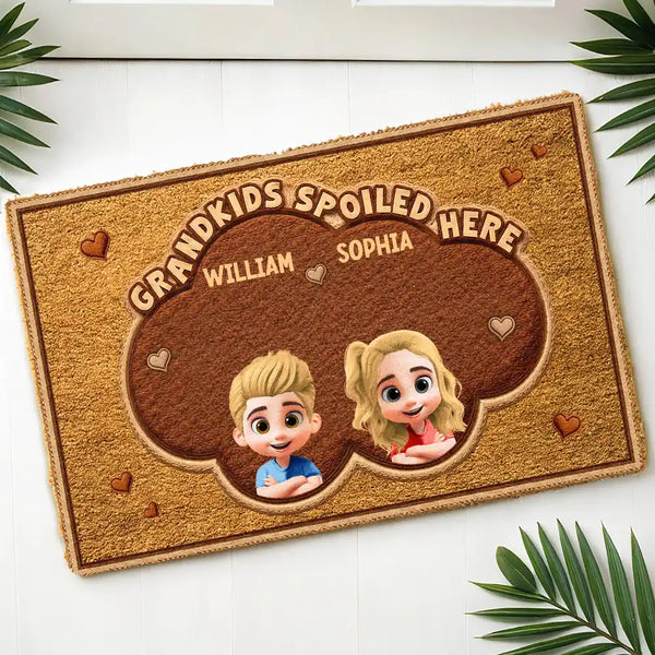 Gift For Grandma,Gift For Grandpa,Grandpa - Grandkids,Grandma - Grandkids,Gift For Women,Gift For Men,Happy - Faux Embroidery Effect Grandkids Spoiled Here - Personalized Coconut Doormat