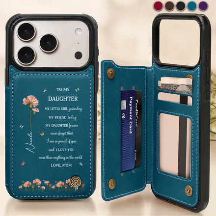 Faux Pressed Birth Flower My Daughter Forever - Personalized Leather Flip Wallet Phone Case