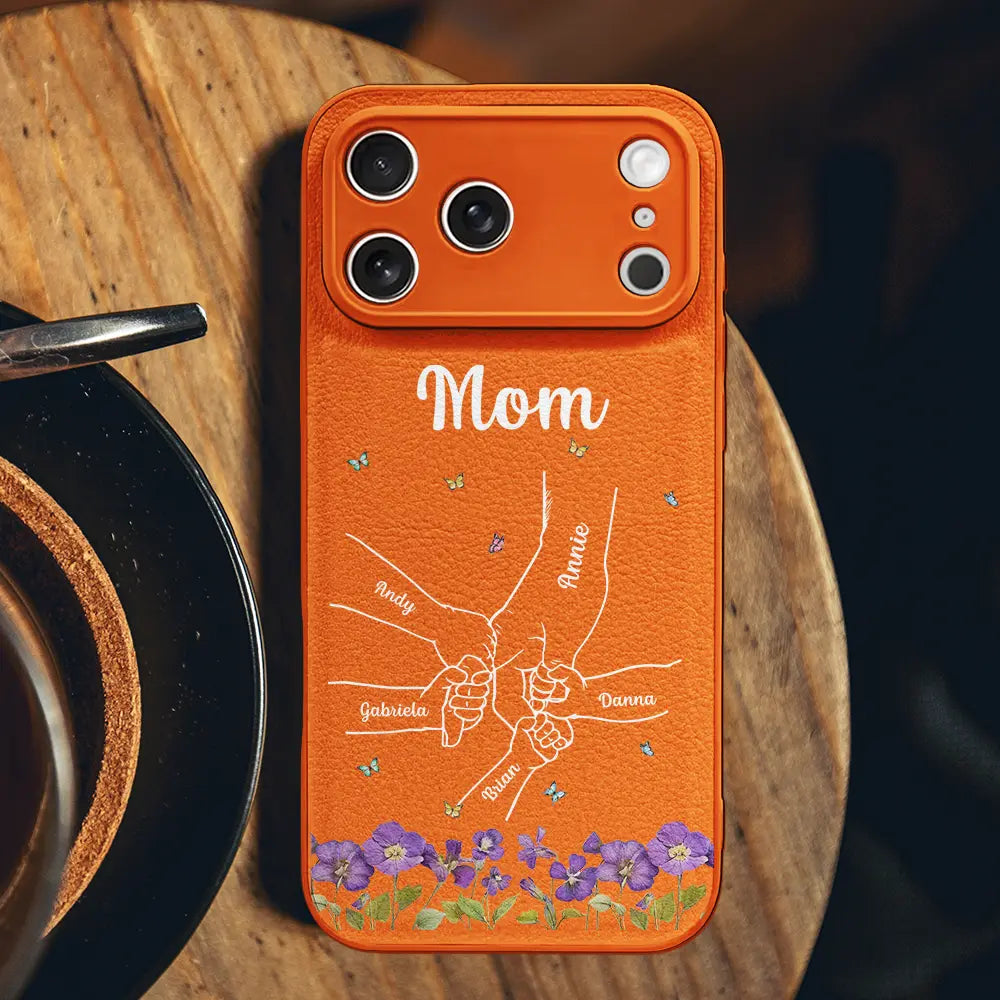 Gift For Mother,Gift For Women,Happy,Gift For Yourself,Gift For Grandma,Vector - Faux Pressed Flower Mom And Children Holding Hands - Personalized Leather Phone Case