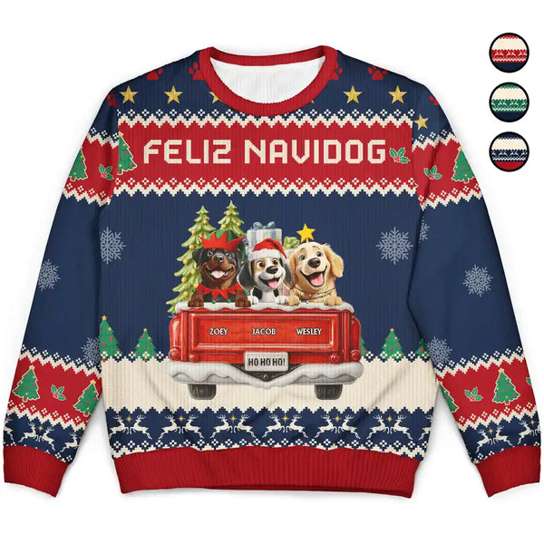 Dog Lovers,Christmas,Funny,Pet Lovers - Feliz Navidog Truck Red - Personalized Unisex Ugly Sweater