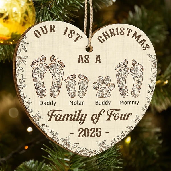 Christmas,Family,Dog Lovers,Cat Lovers,Pet Lovers,Parents,Happy - First Christmas As A Family Of Four Footprints Flower - Personalized Custom Shaped Wooden Ornament