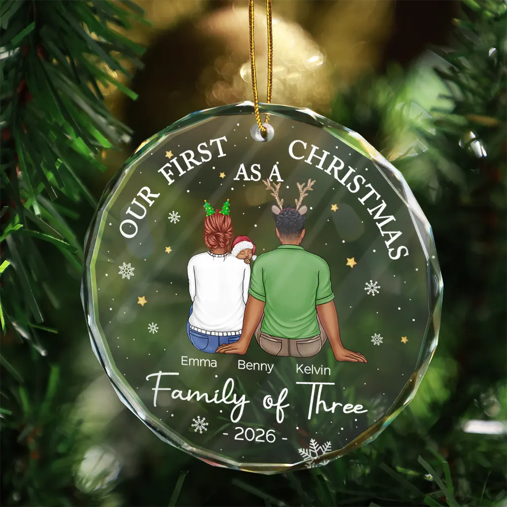 First Christmas As A Family Of Three New Parents - Personalized Circle Glass Ornament