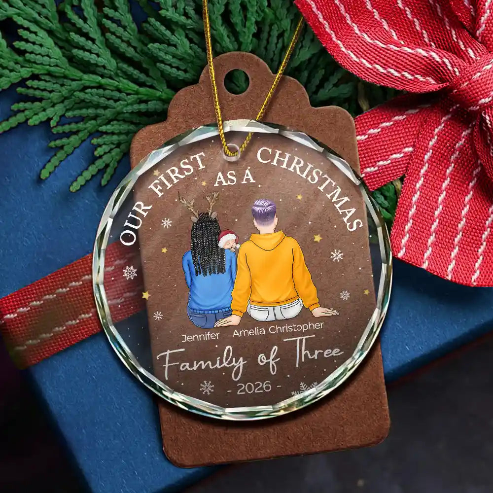 First Christmas As A Family Of Three New Parents - Personalized Circle Glass Ornament