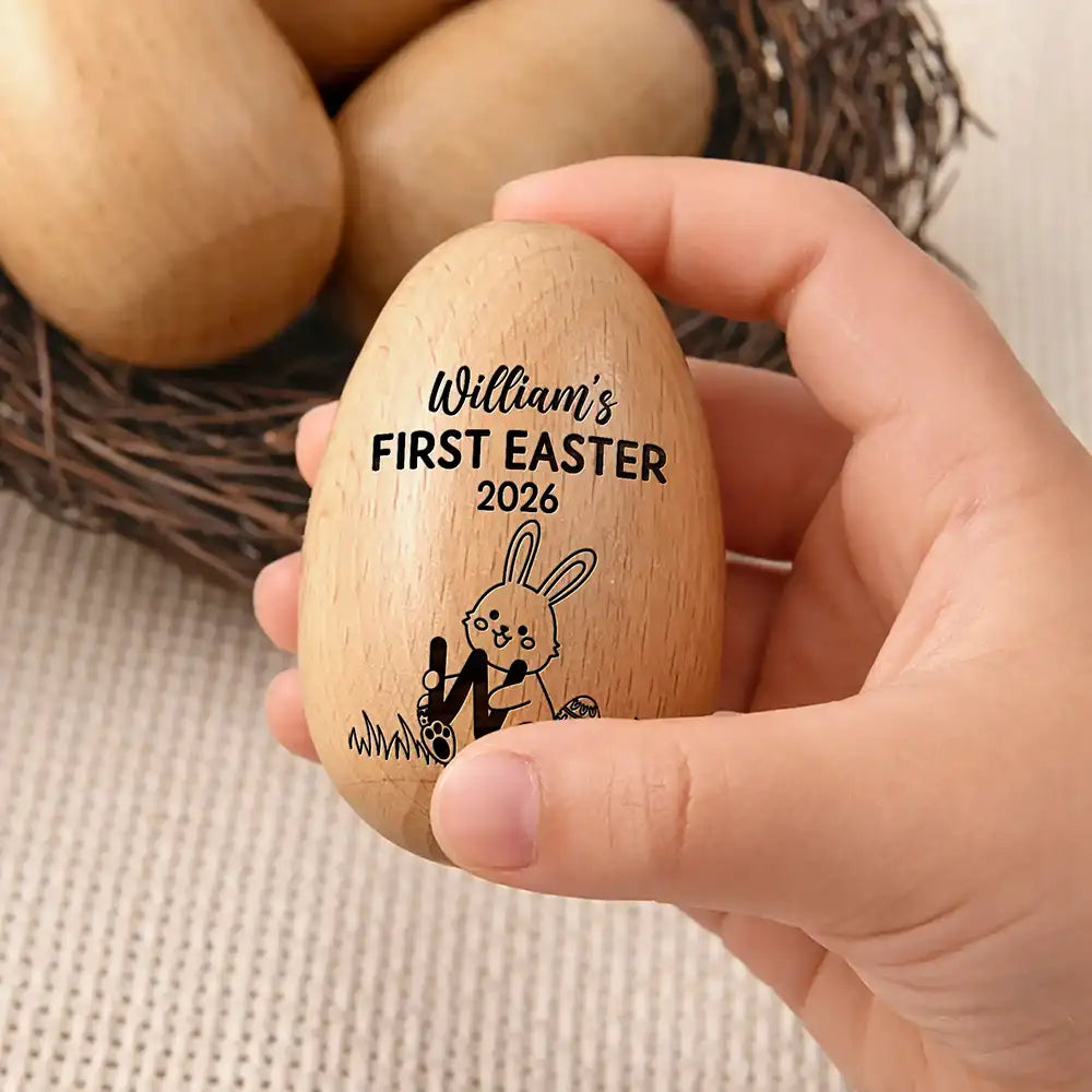 Gift For Kids,Grandma,Grandkids,Gift For Grandkids,Mom,Children,Happy,Easter - First Easter With Alphabet - Personalized Musical Wooden Easter Egg Shaker