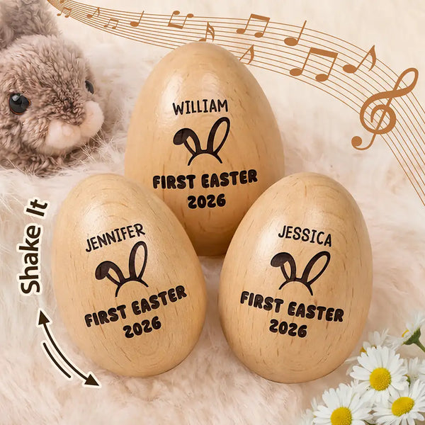Gift For Kids,Gift For Grandkids,Non-Eng - First Easter With Custom Name - Personalized Musical Wooden Easter Egg Shaker