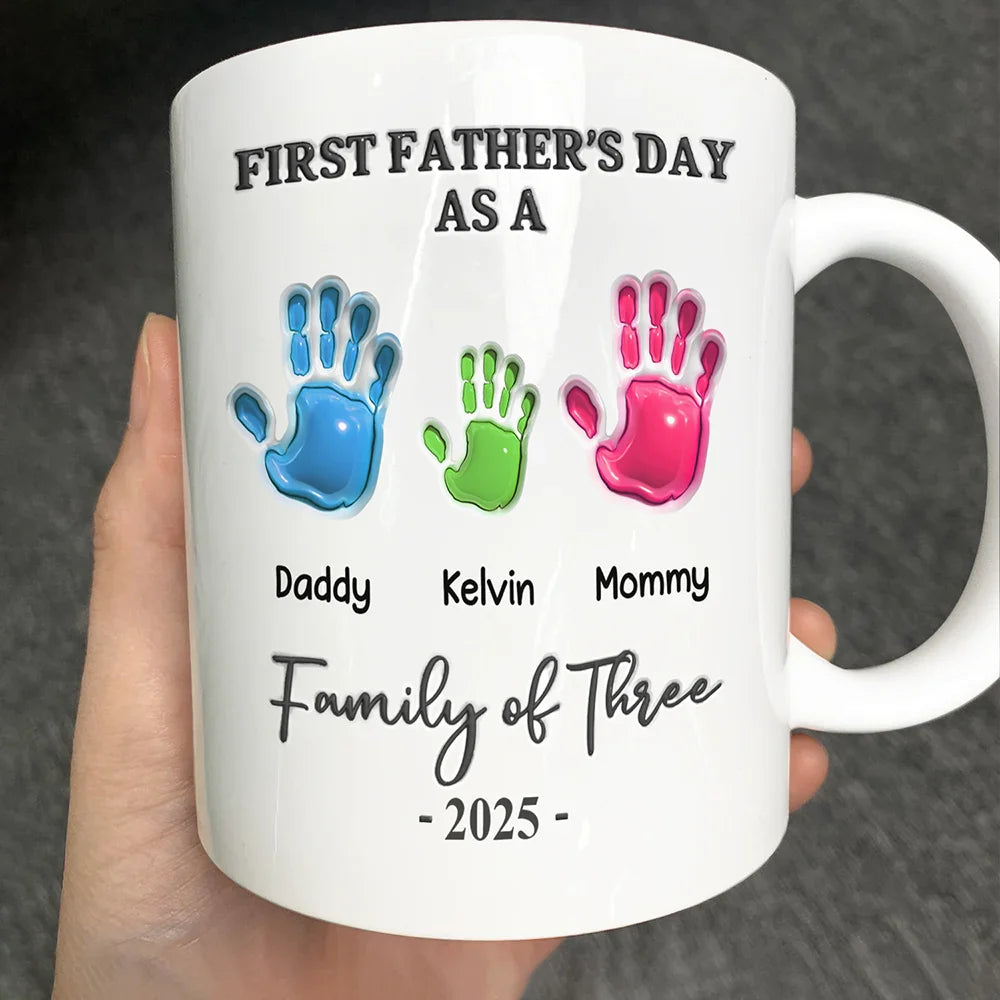 First Father's Day As A Family Of Four Handprints - 3D Inflated Effect Printed Mug, Personalized Mug