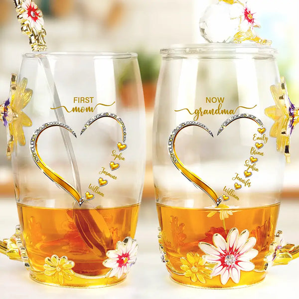 Gift For Grandma, Grandma - Grandkids, Gift For Mother, Happy - First Mom Now Grandma - Personalized Glass Flower Tea Cup