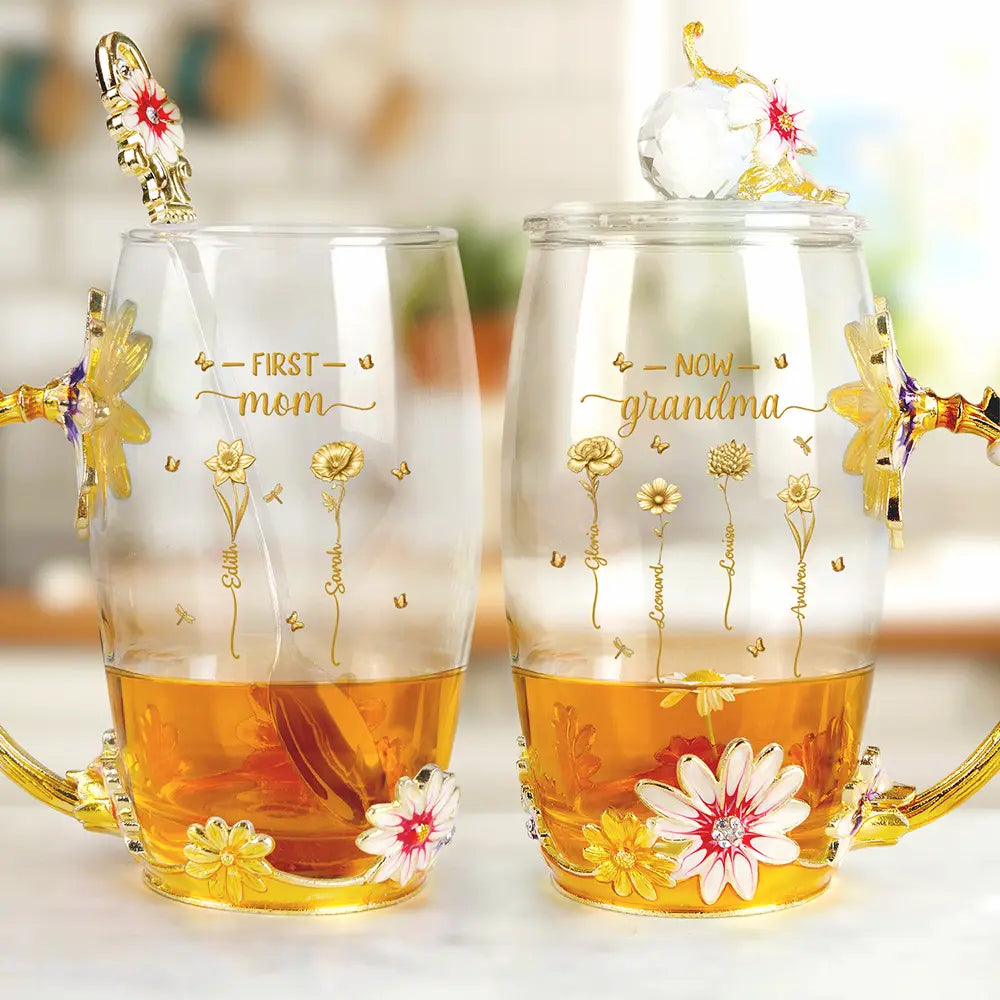 Gift For Mother,Gift For Grandma,Love - First Mom Now Grandma Birth Flowers - Personalized Glass Flower Tea Cup