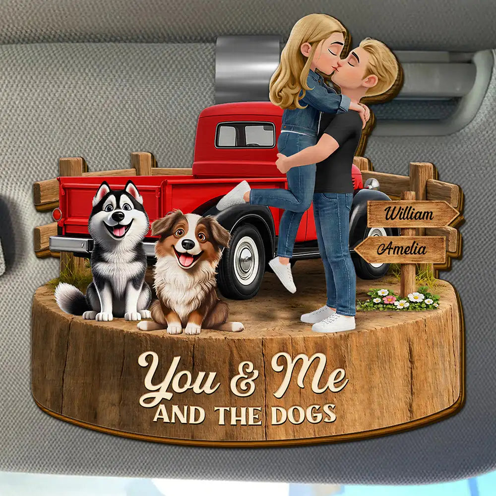 Gift For Couples,Dog Couple,Pet Lovers,Dog Lovers,Romantic,Vector - Flannel Couple You & Me And The Dogs - Personalized Custom Shaped Car Visor Clip