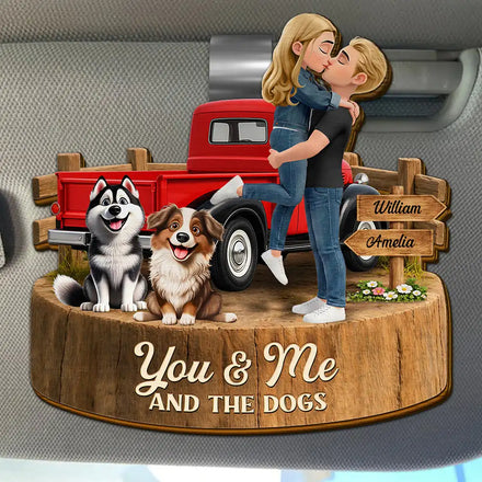 Flannel Couple You & Me And The Dogs - Personalized Custom Shaped Car Visor Clip