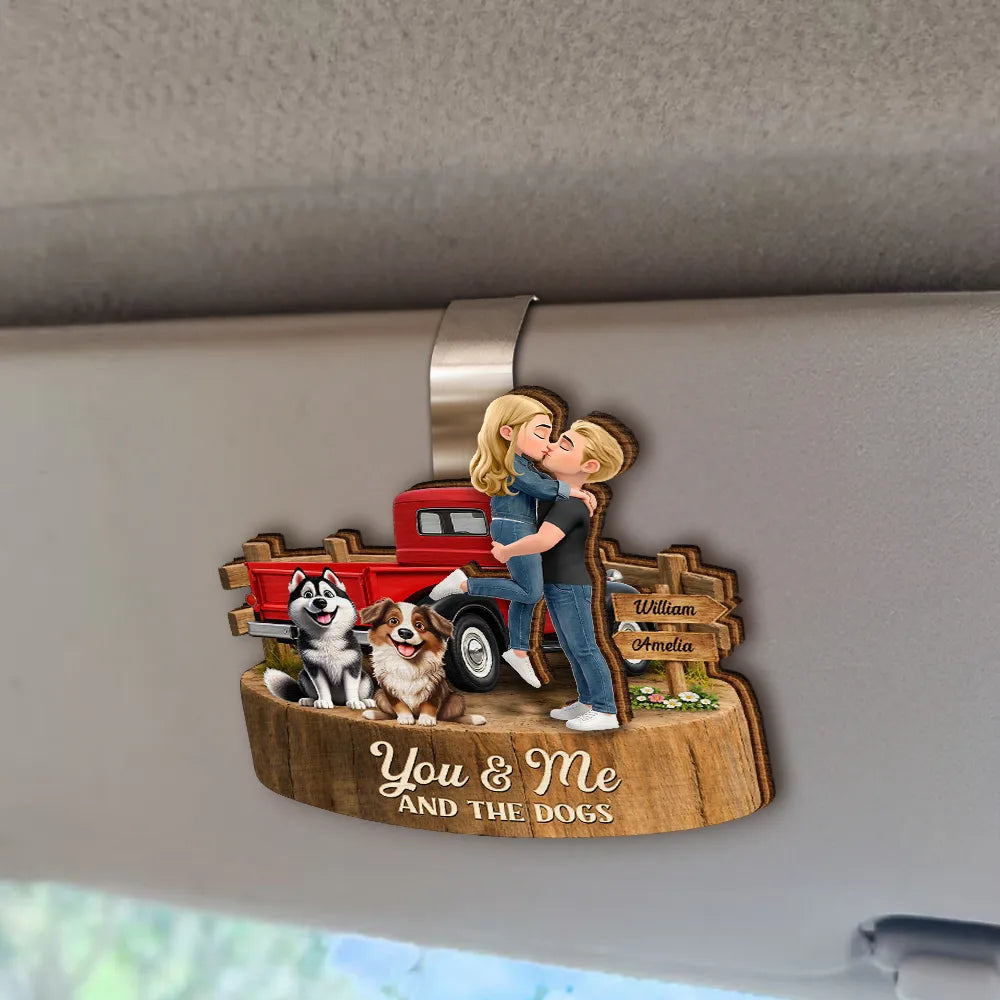 Gift For Couples,Dog Couple,Pet Lovers,Dog Lovers,Romantic,Vector - Flannel Couple You & Me And The Dogs - Personalized Custom Shaped Car Visor Clip