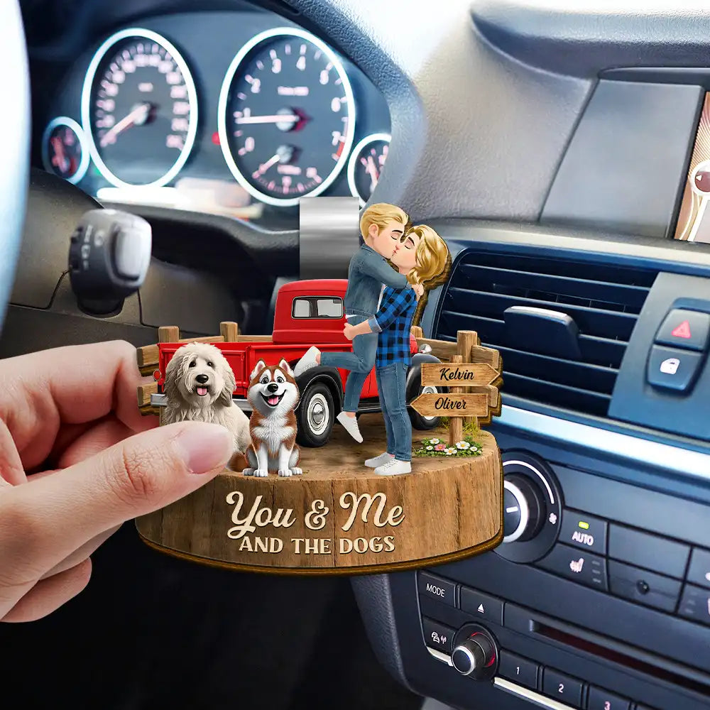 Gift For Couples,Dog Couple,Pet Lovers,Dog Lovers,Romantic,Vector - Flannel Couple You & Me And The Dogs - Personalized Custom Shaped Car Visor Clip