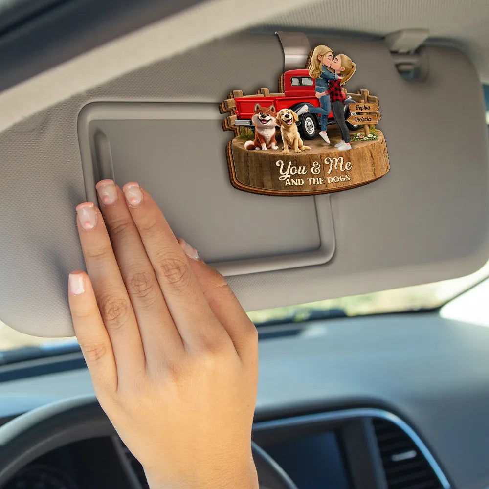 Gift For Couples,Dog Couple,Pet Lovers,Dog Lovers,Romantic,Vector - Flannel Couple You & Me And The Dogs - Personalized Custom Shaped Car Visor Clip