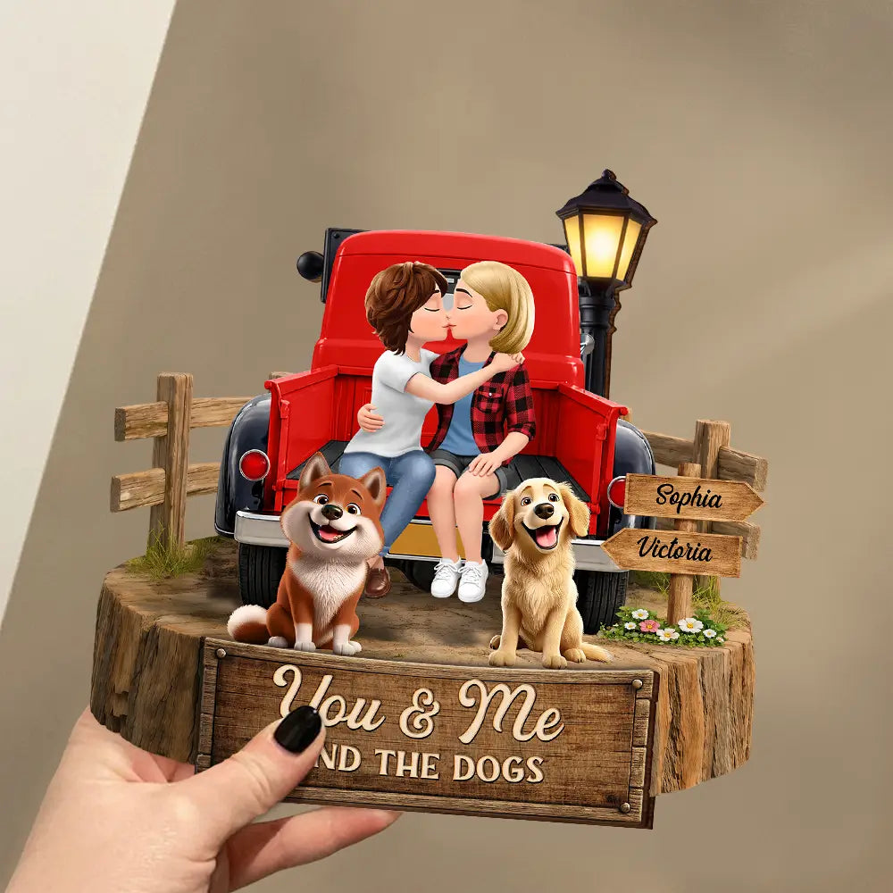 Gift For Couples,Old Couples,Gift For Husband,Gift For Wife,Gift For Boyfriend,Gift For Girlfriend,LGBT,Pet Lovers,Pet Couple,Dog Lovers,Dog Couple,Love - Flannel Couple You & Me And The Dogs - Personalized Custom Shaped Wooden Plaque