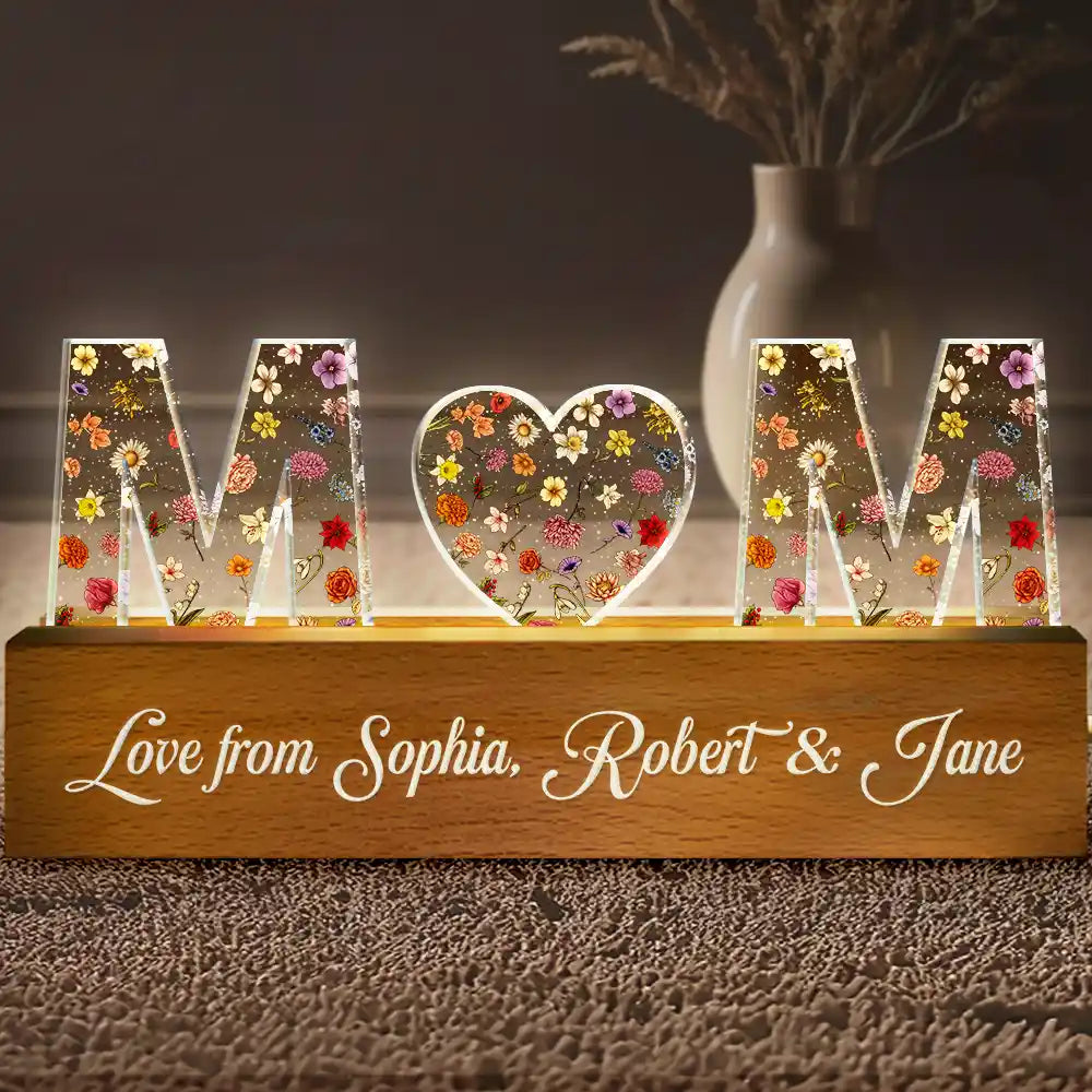 Gift For Mother,Gift For Grandma,Gift For Bestie,Family - Floral Letter Mom Dad Family Love - Personalized Custom Shaped LED Light