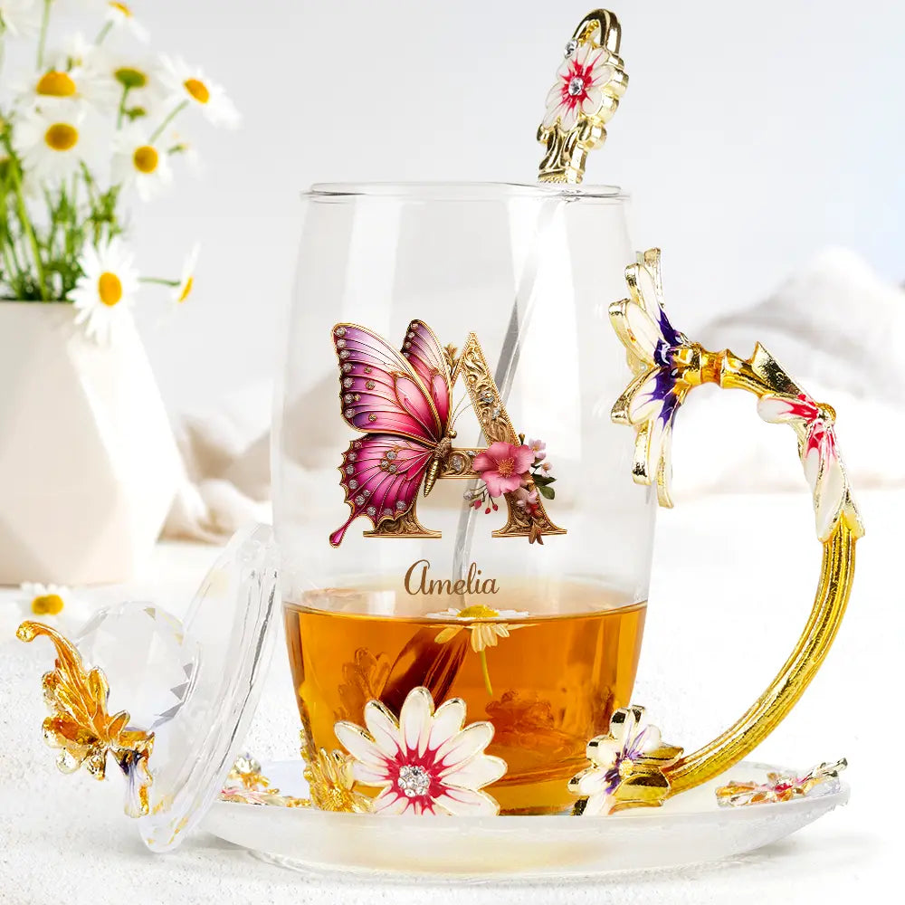 Gift For Yourself,Gift For Women,Gift For Men - Flower Butterfly Monogram - Personalized Glass Flower Tea Cup