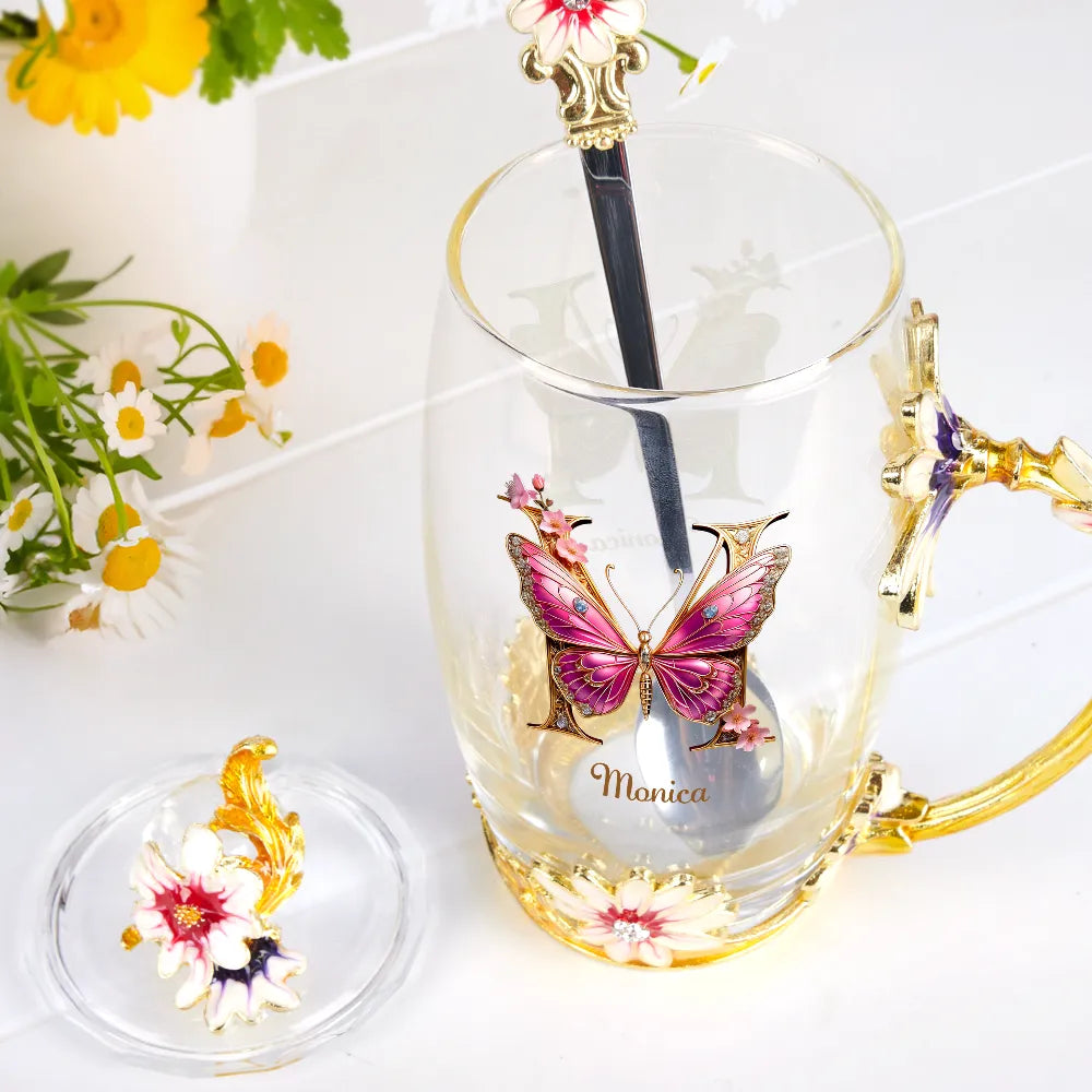 Gift For Yourself,Gift For Women,Gift For Men - Flower Butterfly Monogram - Personalized Glass Flower Tea Cup