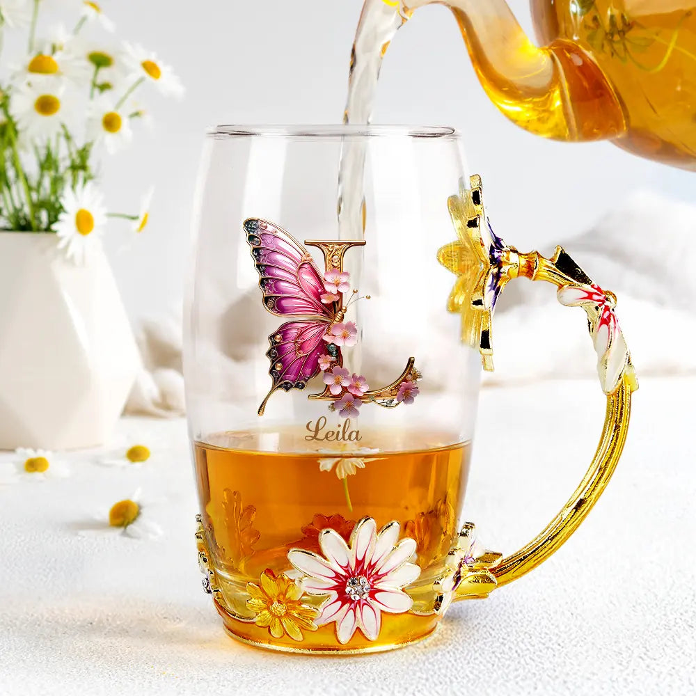 Gift For Yourself,Gift For Women,Gift For Men - Flower Butterfly Monogram - Personalized Glass Flower Tea Cup