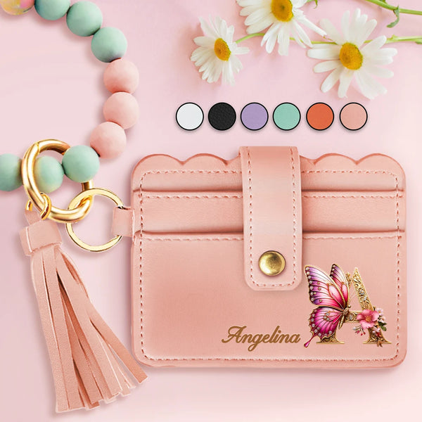Gift For Yourself,Gift For Women,Happy,Gift For Bestie - Flower Butterfly Monogram - Personalized Keychain Wristlet Leather Wallet