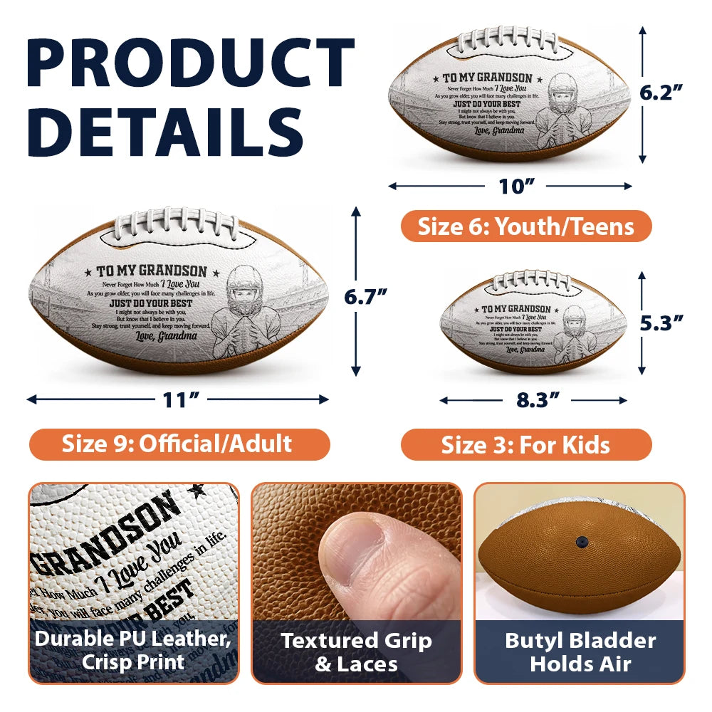 Art Design, Custom Photo, Football, Gift For Grandma, Gifts For Her, Grandma - Grandson, Photo - Pencil Sketch - Bold, Sentimental - Football Birthday Gift For Grandson - Personalized Custom Photo Pencil Sketch I Believe In You Leather Football