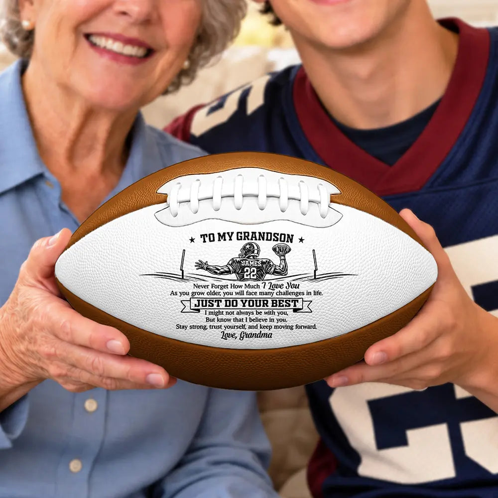 Football,Gift For Grandma,Gifts For Her,Grandma - Grandson,Icon,Sentimental,Top Market - Football Birthday Gift For Grandson - Personalized Name Number All Heart On Game Day Leather Football