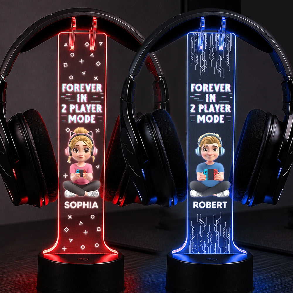 Gift For Couples, Gaming, Romantic, Vector - Forever In 2 Player Mode Gaming Couple - Personalized Headphone Stand