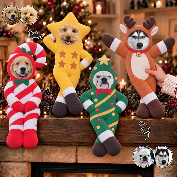Christmas, Custom Photo, Cut-Face Photo, Dog Lovers, Humorous, Pet Lovers - Funny Gift For Dog Mom, Dad, Cat Lover - Personalized Custom Photo Photo Festive Christmas Pet Costume Poseable Plush Doll