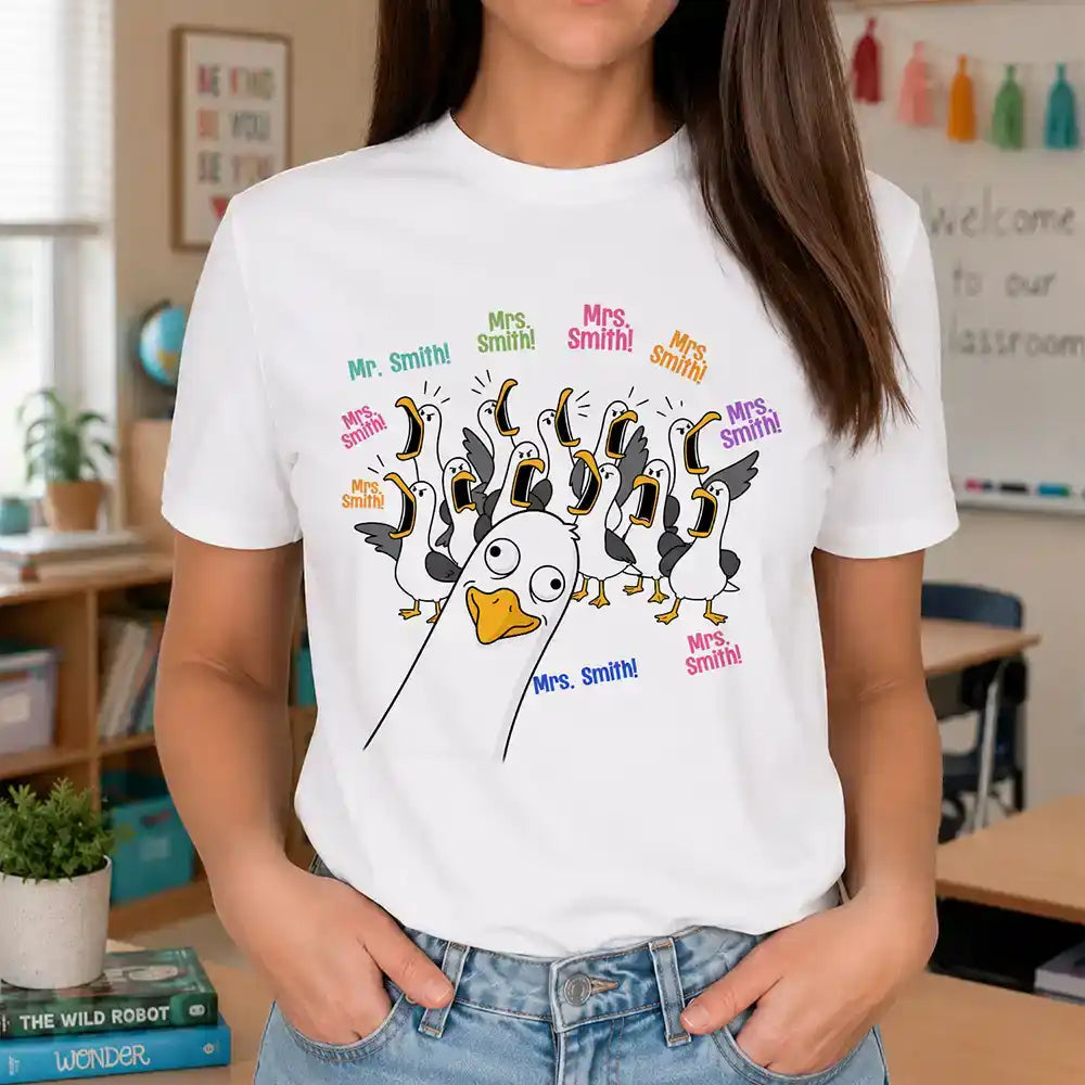 Teacher,Humorous,Back To School,Custom Text - Funny Seagull Teacher & Students - Personalized T Shirt