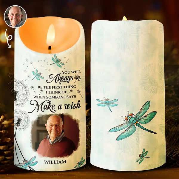 Memorial, Gift For Husband, Gift For Wife, Gift For Mother, Gift For Father, Gift For Grandpa, Gift For Grandma, Gift For Daughter, Gift For Son, Gift For Sibling, Gift For Sisters, Gift For Brothers ,Family - Custom Photo Memorial Dandelion Make A Wish - Personalized Flameless LED Candle