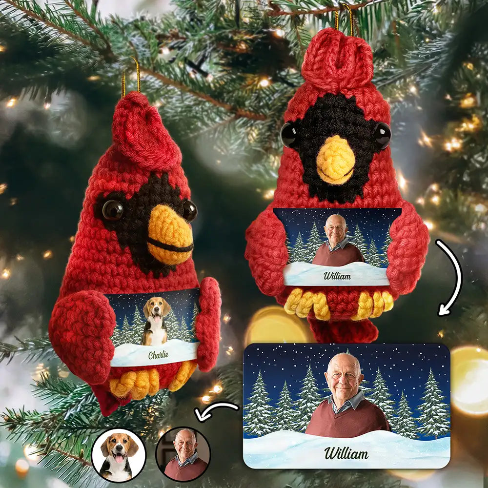 Family,Christmas,Pet Lovers,Memorial,Sad - Custom Photo Memorial Pet Family Face - Personalized Crochet Cardinal Bird Hanging Decoration