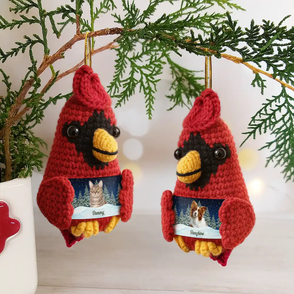 Family,Christmas,Pet Lovers,Memorial,Sad - Custom Photo Memorial Pet Family Face - Personalized Crochet Cardinal Bird Hanging Decoration