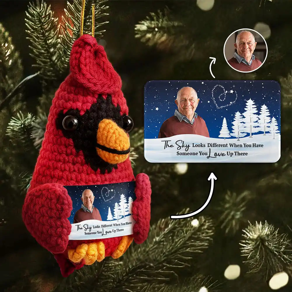 Family,Memorial,Sad,Christmas - Custom Photo The Sky Looks Different Memorial - Personalized Crochet Cardinal Bird Hanging Decoration
