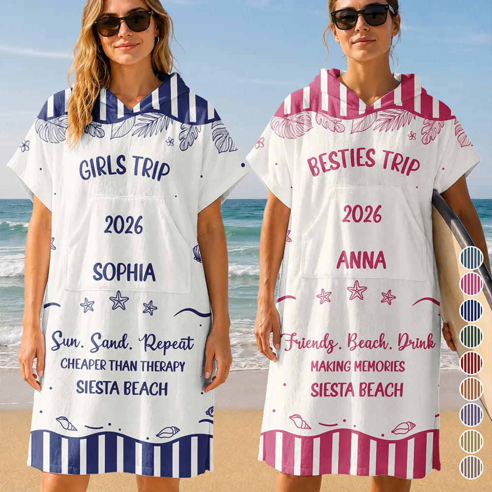 Beach, Summer, Gift For Bestie, Humorous, Custom Text - Girls Besties Friends Trip Cheaper Than Therapy - Personalized Hooded Poncho Towel