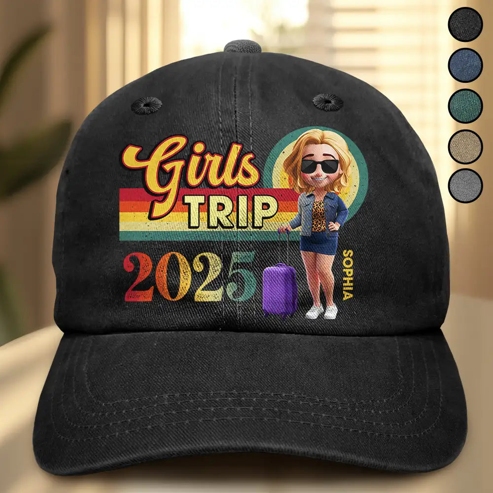 Travel, Summer, Beach, Gift For Bestie - Girls Trip Besties Vacation Travel - Personalized Vintage Washed Denim Cap