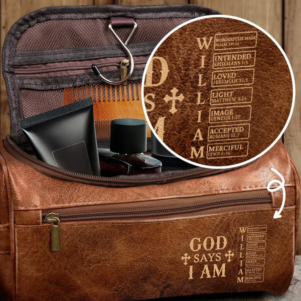 Gift For Men,Christian,Gift For Boyfriend,Gift For Husband,Gift For Uncle,Gift For Grandpa,Gift For Father,Gift For Son,Gift For Brothers,Gift For Yourself - God Says I Am - Personalized Leather Toiletry Bag