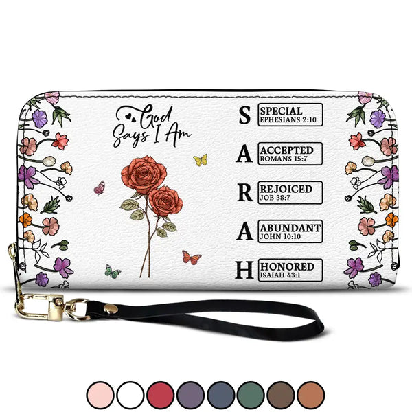 Gift For Mother,Gift For Grandma,Happy - God Says You Are Birth Month Flower - Personalized Leather Long Wallet