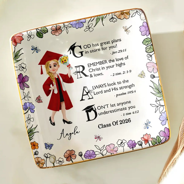 Graduation,Gift For Yourself,Gift For Women,Gift For Men,Happy - Graduation Motivation God Has Great Plans For You - Personalized Ring Dish