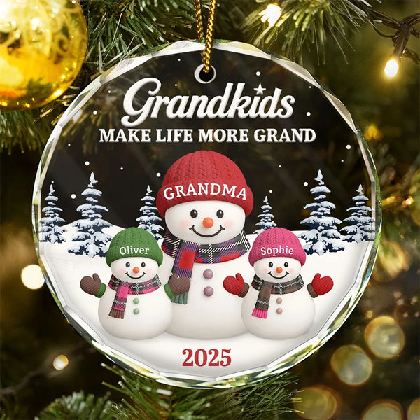 Gift For Grandma,Gift For Grandpa,Gift For Grandparents,Gift For Grandkids,Christmas,Happy - Grandkids Make Life More Grand - Personalized Circle Glass Ornament