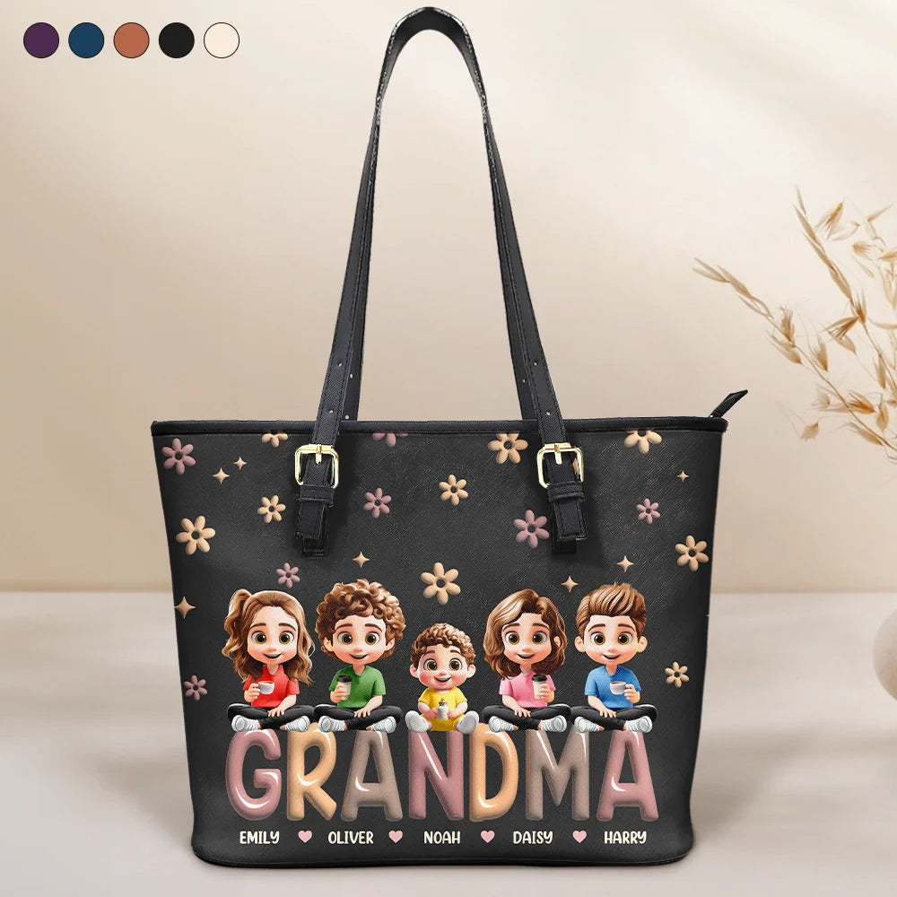Gift For Mother, Gift For Grandma, Happy, Gift For Wife - Grandma Grandkid Cartoon - Personalized Leather Tote Bag