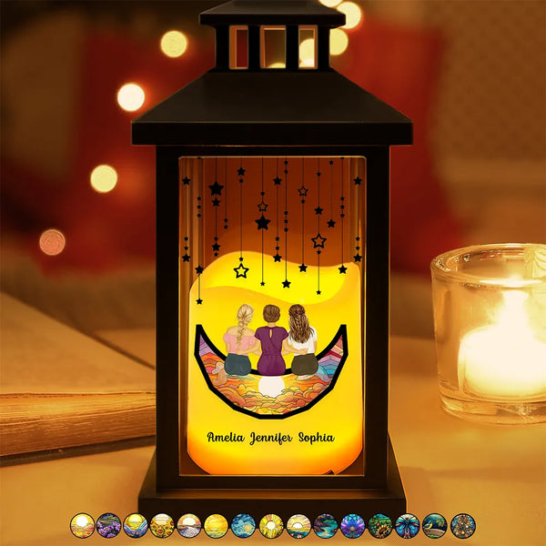 Gift For Women,Gift For Mother,Mom - Daughters (Adult),Mom - Daughters (Young),Mom - Sons,Gift For Grandma,Grandma - Grandkids,Gift For Grandkids,Gift For Daughter,Gift For Son,Love,Single Mom - Grandma Mom And Children Sitting On The Moon - Personalized LED Candle Lantern