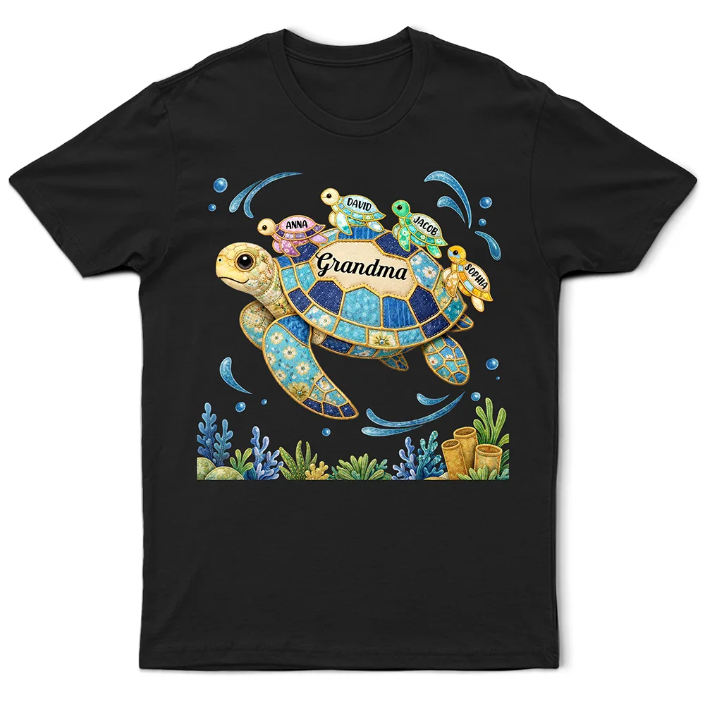 Happy,Gift For Wife,Gift For Yourself,Gift For Women,Gift For Mother,Gift For Grandma - Grandma Mom Turtle Faux Patchwork - Personalized T Shirt