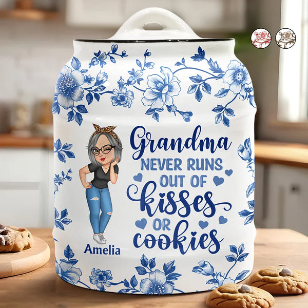 Gift For Mother,Gift For Grandma,Love,Baking - Grandma Never Runs Out Of Kisses Or Cookies - Personalized Cookie Jar