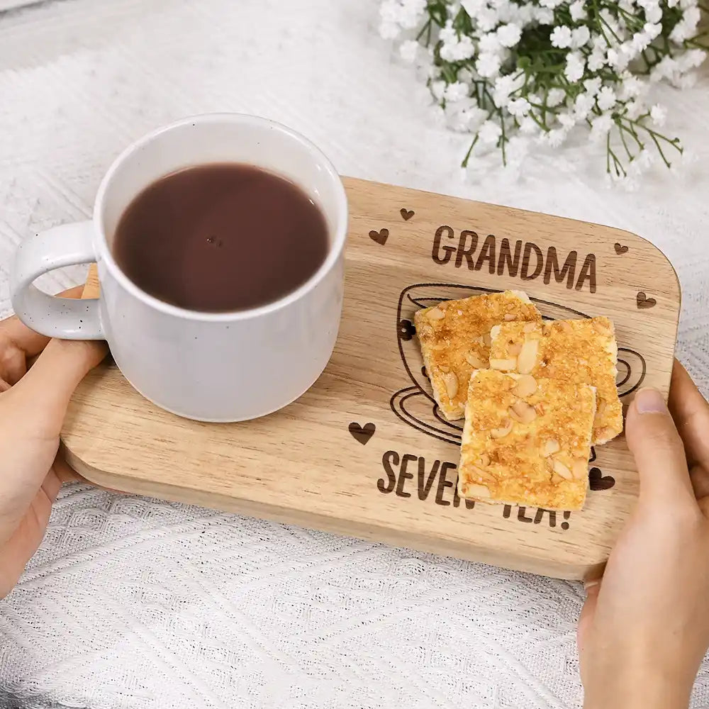 Gift For Grandma,Gift For Grandparents,Gift For Grandpa,Gift For Mother - Grandma Seven-Tea - Personalized Serving Board With Cup Holder