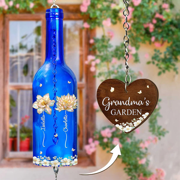 Gift For Mother, Gift For Grandma, Grandma - Grandkids, Family, Happy - Grandma's Garden Birth Month Flower - Personalized Wine Bottle Wind Chime