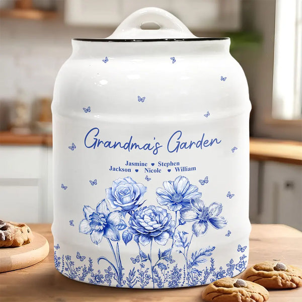 Gift For Grandma,Gift For Mother,Gift For Wife - Grandma's Garden Toile Birth Flower - Personalized Cookie Jar